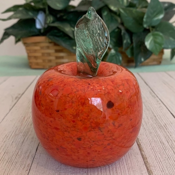 Orange Art Glass Weighted Apple Paperweight With Clear Green Stem Leaf 4 1/2” T - Picture 3 of 15